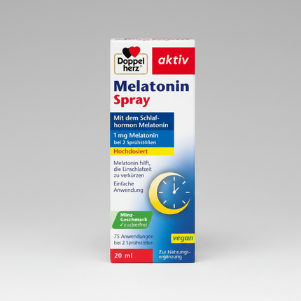 Doppelherz Melatonin Spray is a convenient oral dietary supplement formulated with melatonin to support healthy sleep onset and normal sleep-wake rhythm. The fast-acting spray format allows easy administration directly onto the tongue and provides a refreshing mint flavor.