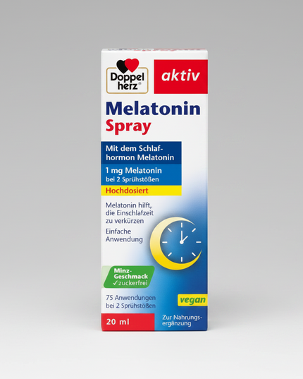 Doppelherz Melatonin Spray is a convenient oral dietary supplement formulated with melatonin to support healthy sleep onset and normal sleep-wake rhythm. The fast-acting spray format allows easy administration directly onto the tongue and provides a refreshing mint flavor.