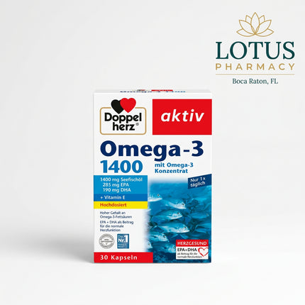 Doppelherz Omega-3 Sea Fish Oil 1400 is a German dietary supplement formulated with concentrated sea fish oil rich in the omega-3 fatty acids EPA and DHA. Omega-3 fatty acids are important components of a balanced diet and are commonly used to support normal heart and cardiovascular function.