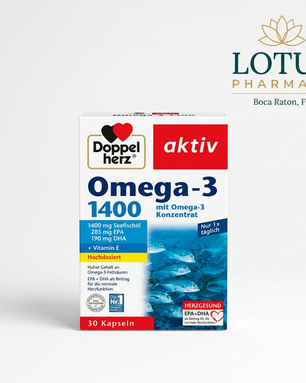 Doppelherz Omega-3 Sea Fish Oil 1400 is a German dietary supplement formulated with concentrated sea fish oil rich in the omega-3 fatty acids EPA and DHA. Omega-3 fatty acids are important components of a balanced diet and are commonly used to support normal heart and cardiovascular function.