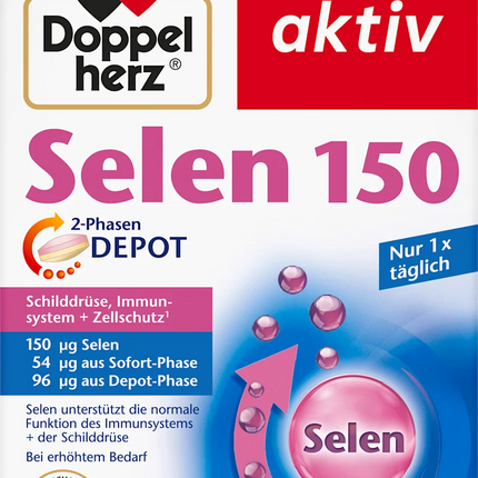 Doppelherz Selen 150 supplement packaging with red and blue design