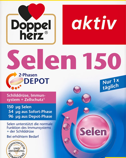 Doppelherz Selen 150 supplement packaging with red and blue design