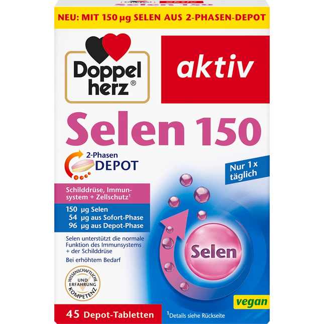 Doppelherz Selen 150 supplement packaging with red and blue design