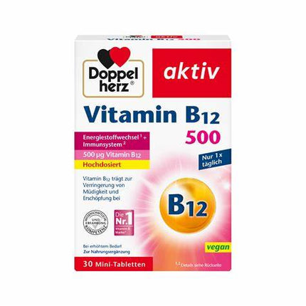Doppelherz Vitamin B12 500 µg Mini Tablets – 30 Count | Energy & Nervous System Support