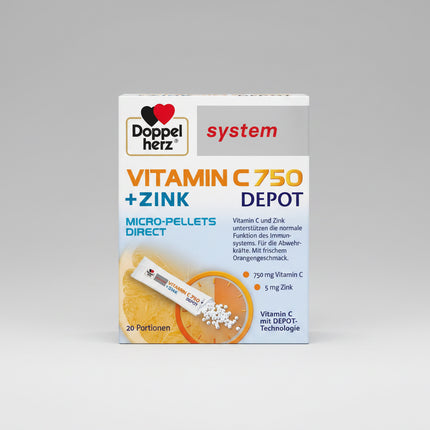 Doppelherz® Vitamin C 750 Depot System Micro-Pellets is a convenient dietary supplement that delivers 750 mg of Vitamin C with an innovative Depot (time-release) system for gradual release throughout the day. Each sachet also provides 5 mg of zinc, an essential mineral that works together with vitamin C to support normal immune system function and protect cells from oxidative stress.