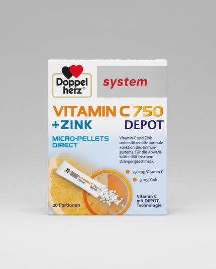 Doppelherz® Vitamin C 750 Depot System Micro-Pellets is a convenient dietary supplement that delivers 750 mg of Vitamin C with an innovative Depot (time-release) system for gradual release throughout the day. Each sachet also provides 5 mg of zinc, an essential mineral that works together with vitamin C to support normal immune system function and protect cells from oxidative stress.