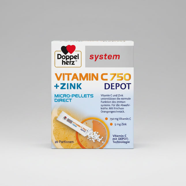 Doppelherz® Vitamin C 750 Depot System Micro-Pellets is a convenient dietary supplement that delivers 750 mg of Vitamin C with an innovative Depot (time-release) system for gradual release throughout the day. Each sachet also provides 5 mg of zinc, an essential mineral that works together with vitamin C to support normal immune system function and protect cells from oxidative stress.