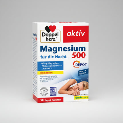 Doppelherz aktiv Magnesium 500 for the Night DEPOT is a German dietary supplement specially formulated for evening use, combining a high dose of magnesium with vitamin D, B vitamins, lemon balm extract and lavender oil.

Each tablet provides 500 mg of magnesium, supporting normal muscle function and the normal functioning of the nervous system. Vitamin D provides additional support for normal muscle function, while vitamins B1, B6 and niacin contribute to normal nervous-system function. The formula also con