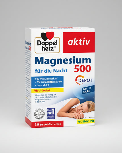 Doppelherz aktiv Magnesium 500 for the Night DEPOT is a German dietary supplement specially formulated for evening use, combining a high dose of magnesium with vitamin D, B vitamins, lemon balm extract and lavender oil.

Each tablet provides 500 mg of magnesium, supporting normal muscle function and the normal functioning of the nervous system. Vitamin D provides additional support for normal muscle function, while vitamins B1, B6 and niacin contribute to normal nervous-system function. The formula also con