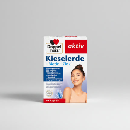 Doppelherz aktiv Silica + Biotin + Zinc (Kieselerde + Biotin + Zink) is a German dietary supplement formulated to provide nutritional support for healthy hair, skin, nails, and connective tissue.

The formula combines 800 mg of natural silica (Kieselerde) per daily serving with biotin, zinc, copper, calcium, and magnesium. Silica naturally provides silicon, while biotin and zinc contribute to the maintenance of normal hair and skin. Zinc also supports normal nails, and copper contributes to the maintenance 