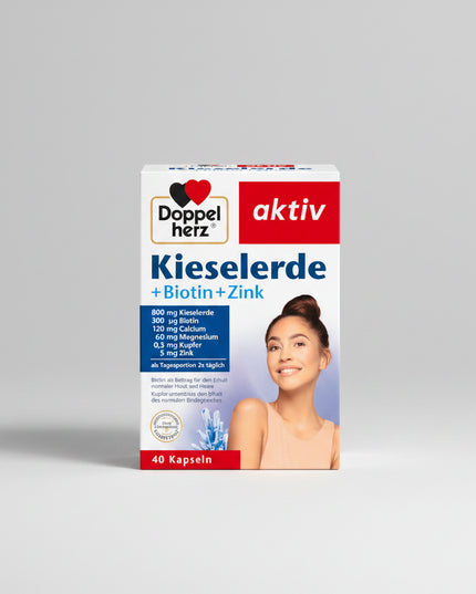Doppelherz aktiv Silica + Biotin + Zinc (Kieselerde + Biotin + Zink) is a German dietary supplement formulated to provide nutritional support for healthy hair, skin, nails, and connective tissue.

The formula combines 800 mg of natural silica (Kieselerde) per daily serving with biotin, zinc, copper, calcium, and magnesium. Silica naturally provides silicon, while biotin and zinc contribute to the maintenance of normal hair and skin. Zinc also supports normal nails, and copper contributes to the maintenance 