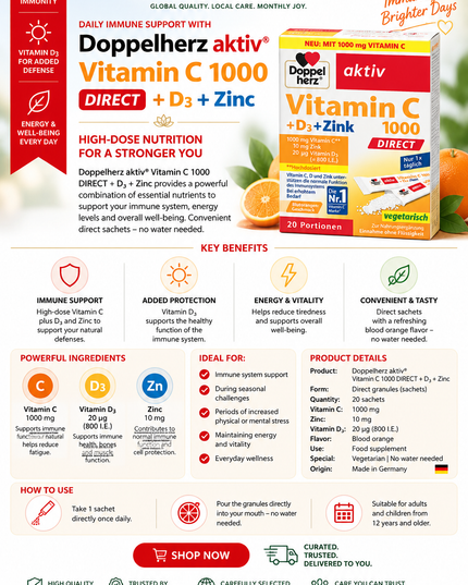 Doppelherz aktiv® Vitamin C 1000 DIRECT + D3 + Zinc – 20 Sachets | High-Dose Immune Support