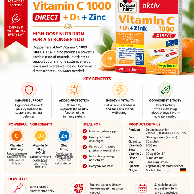 Doppelherz aktiv® Vitamin C 1000 DIRECT + D3 + Zinc – 20 Sachets | High-Dose Immune Support