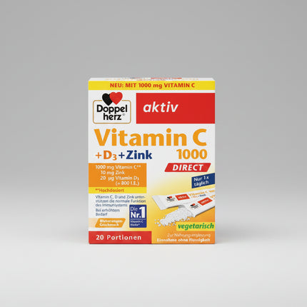 Doppelherz aktiv Vitamin C 1000 DIRECT + D3 + Zinc is a high-dose German dietary supplement combining 1,000 mg vitamin C, 800 IU vitamin D3, and 10 mg zinc in convenient DIRECT granules that can be taken without water.

The three nutrients contribute to the normal function of the immune system, while vitamin C and zinc also help protect cells against oxidative stress. Vitamin D contributes to the maintenance of normal bones and normal muscle function.