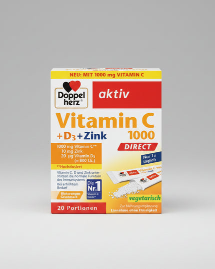 Doppelherz aktiv Vitamin C 1000 DIRECT + D3 + Zinc is a high-dose German dietary supplement combining 1,000 mg vitamin C, 800 IU vitamin D3, and 10 mg zinc in convenient DIRECT granules that can be taken without water.

The three nutrients contribute to the normal function of the immune system, while vitamin C and zinc also help protect cells against oxidative stress. Vitamin D contributes to the maintenance of normal bones and normal muscle function.