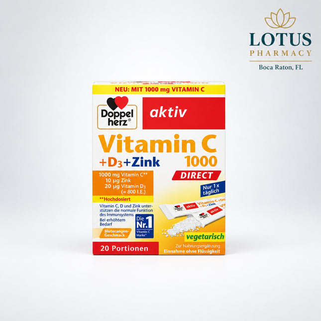 Doppelherz aktiv Vitamin C 1000 DIRECT + D3 + Zinc is a high-dose German dietary supplement combining 1,000 mg vitamin C, 800 IU vitamin D3, and 10 mg zinc in convenient DIRECT granules that can be taken without water.

The three nutrients contribute to the normal function of the immune system, while vitamin C and zinc also help protect cells against oxidative stress. Vitamin D contributes to the maintenance of normal bones and normal muscle function.