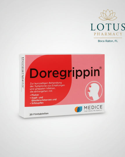 Doregrippin is a German combination cold and flu medicine containing paracetamol 500 mg and phenylephrine hydrochloride 10 mg per film-coated tablet. It is intended for the short-term relief of cold and flu symptoms associated with fever, headache, body aches, runny nose, and nasal congestion.