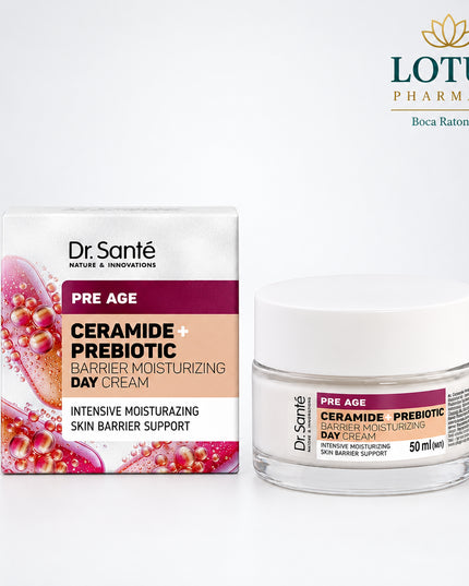 Dr. Sante Pre Age Ceramide + Prebiotic Day Cream is a protective moisturizing face cream designed especially for dry and sensitive skin with early signs of aging. Its lightweight texture absorbs quickly and helps provide lasting hydration while supporting the skin’s natural protective barrier.