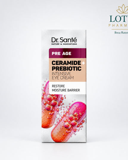 Dr. Sante Pre Age Ceramide + Prebiotic Intensive Eye Cream is a lightweight moisturizing cream designed for the delicate skin around the eyes. It helps support elasticity, hydration, freshness, and skin-barrier function, making it well suited for skin showing early signs of aging or dryness.