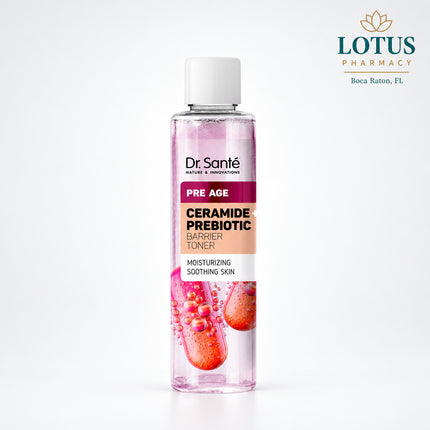 Dr. Sante Pre Age Ceramide + Prebiotic Toner is a protective facial toner designed to support hydration, skin-barrier balance, and daily care for dry or sensitive skin with early signs of aging. It helps refresh the skin after cleansing and prepares it for serums and moisturizers.