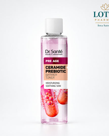 Dr. Sante Pre Age Ceramide + Prebiotic Toner is a protective facial toner designed to support hydration, skin-barrier balance, and daily care for dry or sensitive skin with early signs of aging. It helps refresh the skin after cleansing and prepares it for serums and moisturizers.