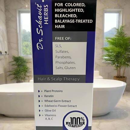 Dr. Schuster Herbs shampoo bottle with product details in a bathroom setting