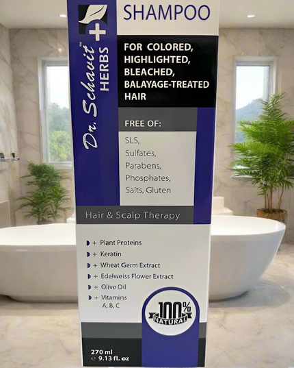 Dr. Schuster Herbs shampoo bottle with product details in a bathroom setting
