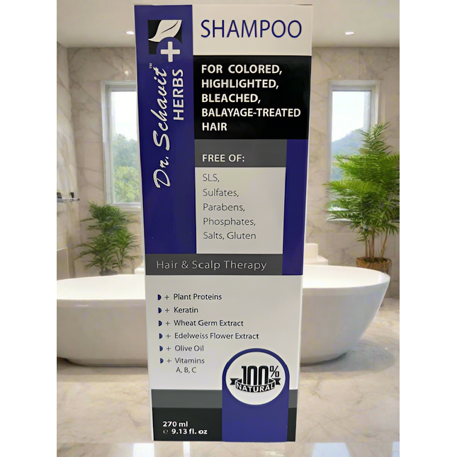 Dr. Schuster Herbs shampoo bottle with product details in a bathroom setting
