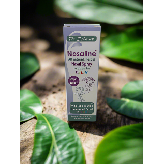 Dr. Schavot Nosaline nasal spray for kids on a natural background with leaves.