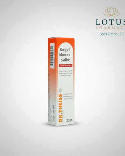 Dr. Theiss Calendula Non-Greasy Ointment (Ringelblumen-Salbe nicht fettend) is a German skin-care ointment formulated with Calendula officinalis (marigold) extract for the intensive care of dry, rough, cracked, and stressed skin.
