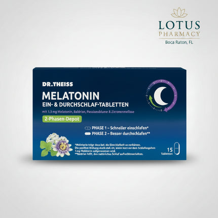 Dr. Theiss Melatonin Ein- &amp; Durchschlaf-Tabletten are a German dietary supplement designed to support both falling asleep and staying asleep through a special 2-phase release system.

Each tablet provides a total of 1.5 mg melatonin, together with valerian root, passionflower, and lemon balm extracts. The first phase releases melatonin together with passionflower and lemon balm to support relaxation and help shorten the time needed to fall asleep. The second phase provides delayed release of additional 