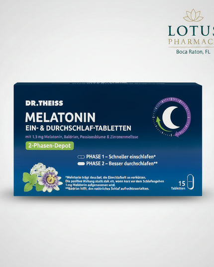 Dr. Theiss Melatonin Ein- &amp; Durchschlaf-Tabletten are a German dietary supplement designed to support both falling asleep and staying asleep through a special 2-phase release system.

Each tablet provides a total of 1.5 mg melatonin, together with valerian root, passionflower, and lemon balm extracts. The first phase releases melatonin together with passionflower and lemon balm to support relaxation and help shorten the time needed to fall asleep. The second phase provides delayed release of additional 