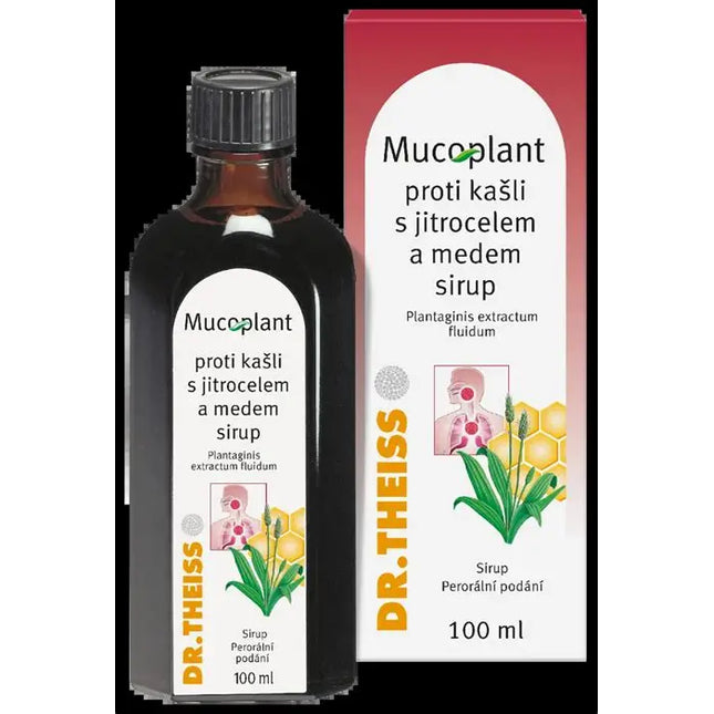 Mucoplant syrup bottle and packaging with Dr. Theiss branding on a white background
