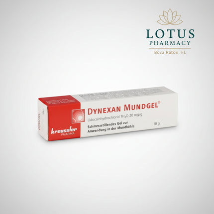 Dynexan Oral Gel is a German topical oral pain-relief medicine containing lidocaine hydrochloride monohydrate equivalent to 20 mg/g lidocaine hydrochloride. It is intended for the temporary symptomatic relief of pain affecting the oral mucosa, gums, and lips, including discomfort associated with canker sores, pressure points from dentures or braces, minor mouth injuries, inflammation, and teething-related discomfort.