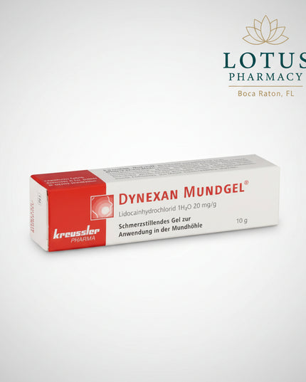 Dynexan Oral Gel is a German topical oral pain-relief medicine containing lidocaine hydrochloride monohydrate equivalent to 20 mg/g lidocaine hydrochloride. It is intended for the temporary symptomatic relief of pain affecting the oral mucosa, gums, and lips, including discomfort associated with canker sores, pressure points from dentures or braces, minor mouth injuries, inflammation, and teething-related discomfort.