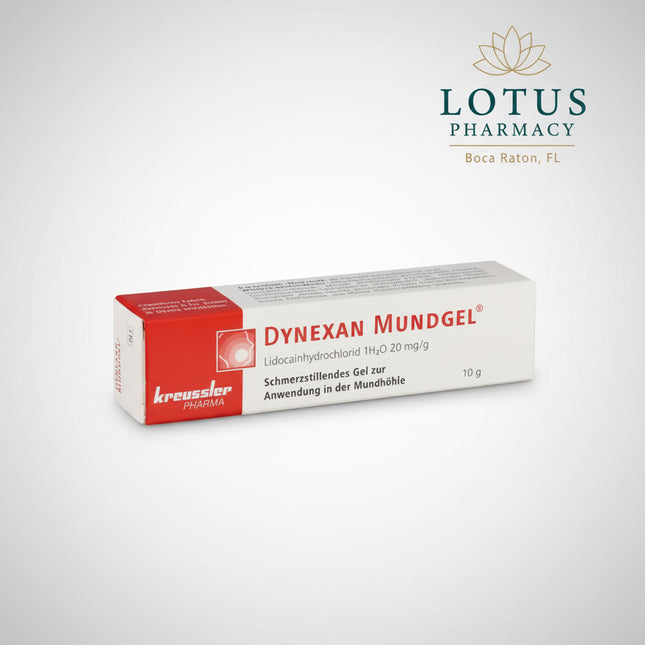 Dynexan Oral Gel is a German topical oral pain-relief medicine containing lidocaine hydrochloride monohydrate equivalent to 20 mg/g lidocaine hydrochloride. It is intended for the temporary symptomatic relief of pain affecting the oral mucosa, gums, and lips, including discomfort associated with canker sores, pressure points from dentures or braces, minor mouth injuries, inflammation, and teething-related discomfort.