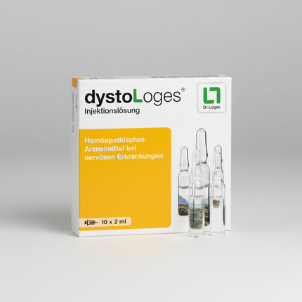 DystoLoges® Injektionslösung by Dr. Loges is a German homeopathic injectable medicine indicated according to its homeopathic medicinal profile for nervous mood disturbances accompanied by sleep disorders.

The formula combines six homeopathic ingredients, including Passiflora (passionflower), Valeriana (valerian), Chamomilla (chamomile), Gelsemium, Coffea, and Reserpinum.