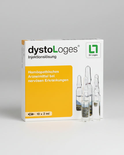 DystoLoges® Injektionslösung by Dr. Loges is a German homeopathic injectable medicine indicated according to its homeopathic medicinal profile for nervous mood disturbances accompanied by sleep disorders.

The formula combines six homeopathic ingredients, including Passiflora (passionflower), Valeriana (valerian), Chamomilla (chamomile), Gelsemium, Coffea, and Reserpinum.