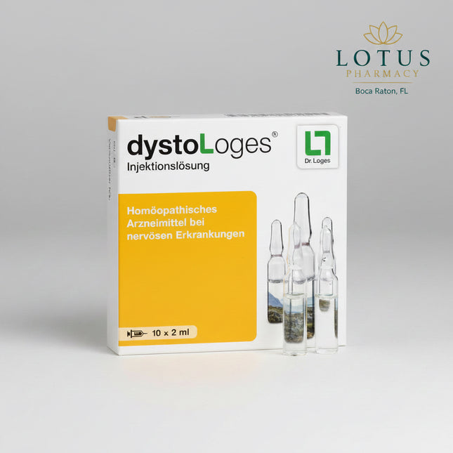 DystoLoges® Injektionslösung by Dr. Loges is a German homeopathic injectable medicine indicated according to its homeopathic medicinal profile for nervous mood disturbances accompanied by sleep disorders.

The formula combines six homeopathic ingredients, including Passiflora (passionflower), Valeriana (valerian), Chamomilla (chamomile), Gelsemium, Coffea, and Reserpinum.