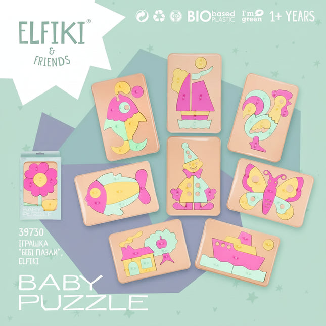 Set of baby puzzles with colorful designs on a blue and green gradient background, featuring the brand 'ELFIKI & FRIENDS'.