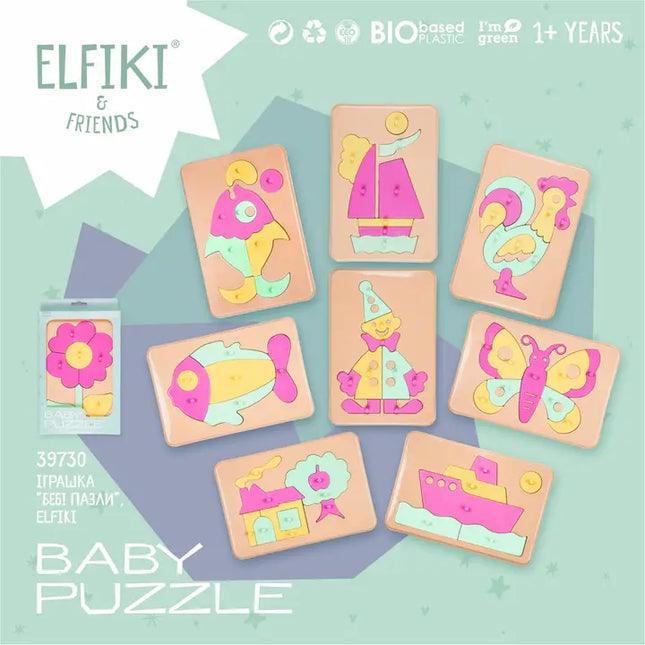 Set of baby puzzles with colorful designs on a blue and green gradient background, featuring the brand 'ELFIKI & FRIENDS'.