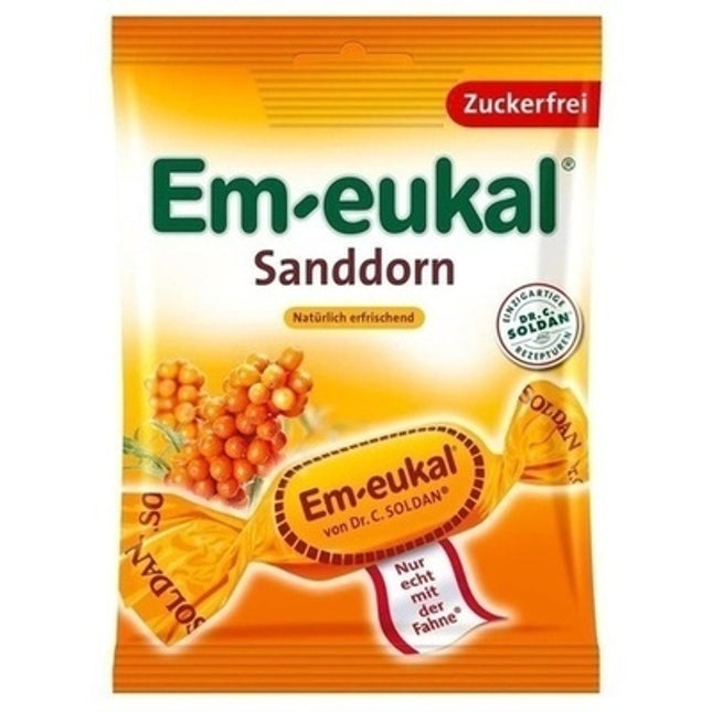 Emäukal Sanddorn candy package with orange and yellow design