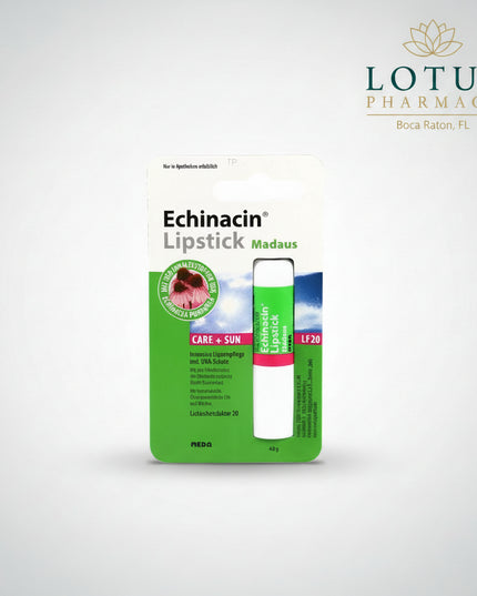 Echinacin® Lipstick Madaus Care + Sun is a protective and nourishing lip balm formulated for dry, brittle, chapped, and sun-exposed lips.

The formula combines Echinacea purpurea extract, castor oil, bisabolol, plant waxes, and UV filters to help maintain soft, comfortable lips while providing SPF 20 sun protection. It helps prevent moisture loss and protects delicate lip skin from damaging UV exposure.

The compact 4.8 g stick is convenient for everyday use and easy to carry for regular reapplication throu