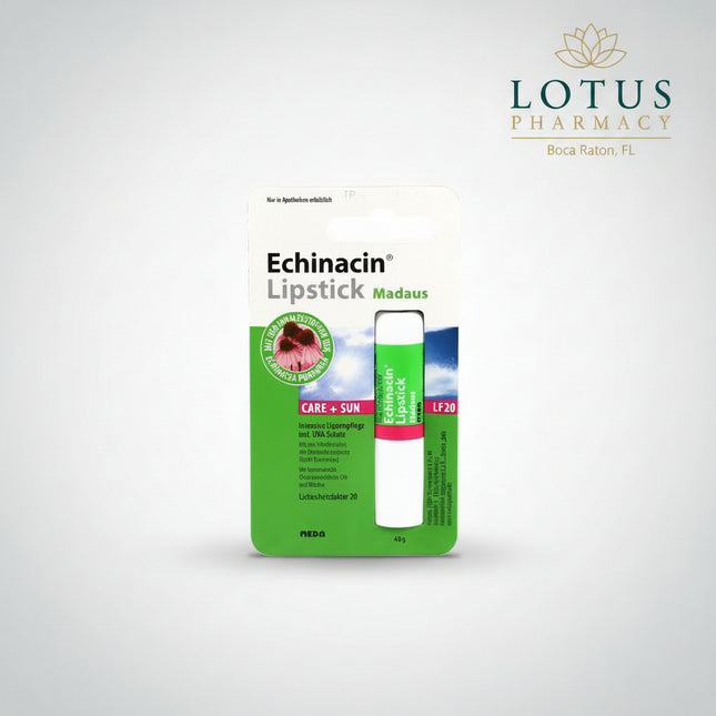Echinacin® Lipstick Madaus Care + Sun is a protective and nourishing lip balm formulated for dry, brittle, chapped, and sun-exposed lips.

The formula combines Echinacea purpurea extract, castor oil, bisabolol, plant waxes, and UV filters to help maintain soft, comfortable lips while providing SPF 20 sun protection. It helps prevent moisture loss and protects delicate lip skin from damaging UV exposure.

The compact 4.8 g stick is convenient for everyday use and easy to carry for regular reapplication throu