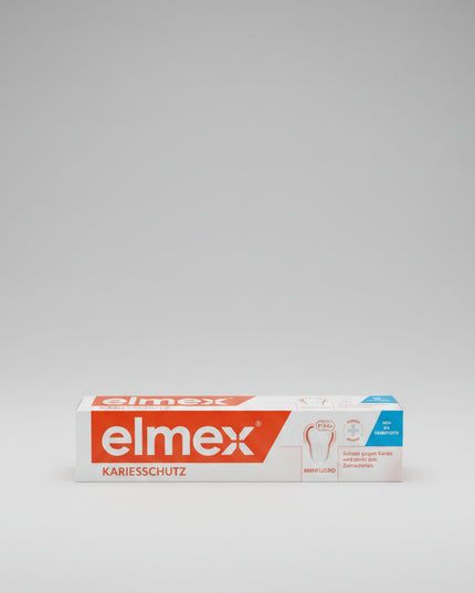 Elmex Kariesschutz Zahnpasta&nbsp;— Elmex Caries Protection Toothpaste is a trusted European dental care formula designed to help strengthen enamel and protect teeth from cavities. Its active ingredient, amino fluoride (Olaflur), forms a protective layer on the enamel surface, helping remineralize teeth and provide long-lasting protection against tooth decay.