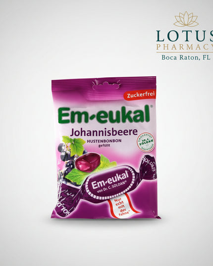 Em-Eukal Black Currant Sugar-Free Drops are German throat lozenges with a fruity black currant flavor and a liquid-filled center. The sugar-free formula combines menthol, eucalyptus oil, black currant components, and vitamin C to help soothe throat irritation and provide a refreshing cooling sensation.