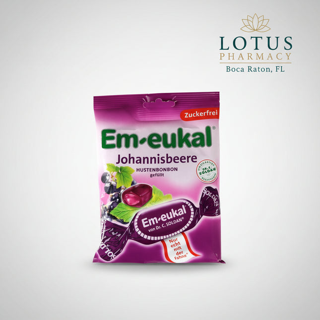 Em-Eukal Black Currant Sugar-Free Drops are German throat lozenges with a fruity black currant flavor and a liquid-filled center. The sugar-free formula combines menthol, eucalyptus oil, black currant components, and vitamin C to help soothe throat irritation and provide a refreshing cooling sensation.