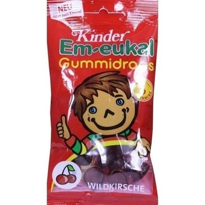 Red package of Kinder Em-eukal Gummidrops with a cartoon character on a white background