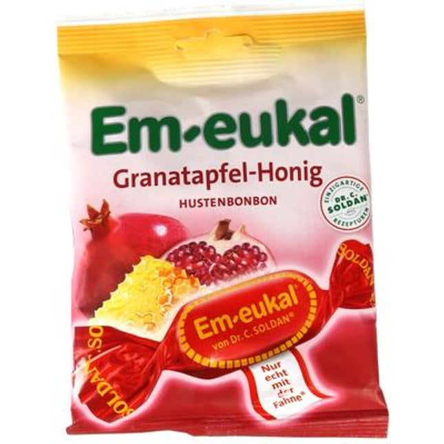 Em-eukal pomegranate honey lozenge package on a white background