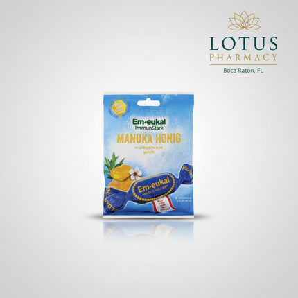 Em-eukal® Manuka Honey Filled Cough Drops are premium German throat candies featuring a soft aromatic filling and 11% genuine Manuka honey from New Zealand with MGO 300+ quality. They combine the rich sweetness of Manuka honey with a delicate herbal note, peppermint, eucalyptus oil, and menthol.